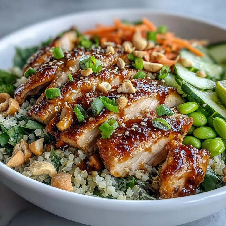 A close-up of sesame ginger chicken couscous bowls shows fluffy couscous, carrots, cucumbers, and a glossy soy-sesame drizzle.