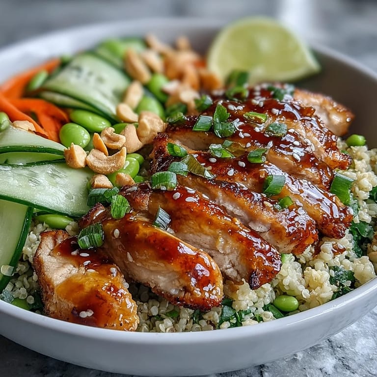 Colorful, dairy-free sesame ginger chicken couscous bowls packed with edamame, herbs, and cashews, ready for weeknight dinner.