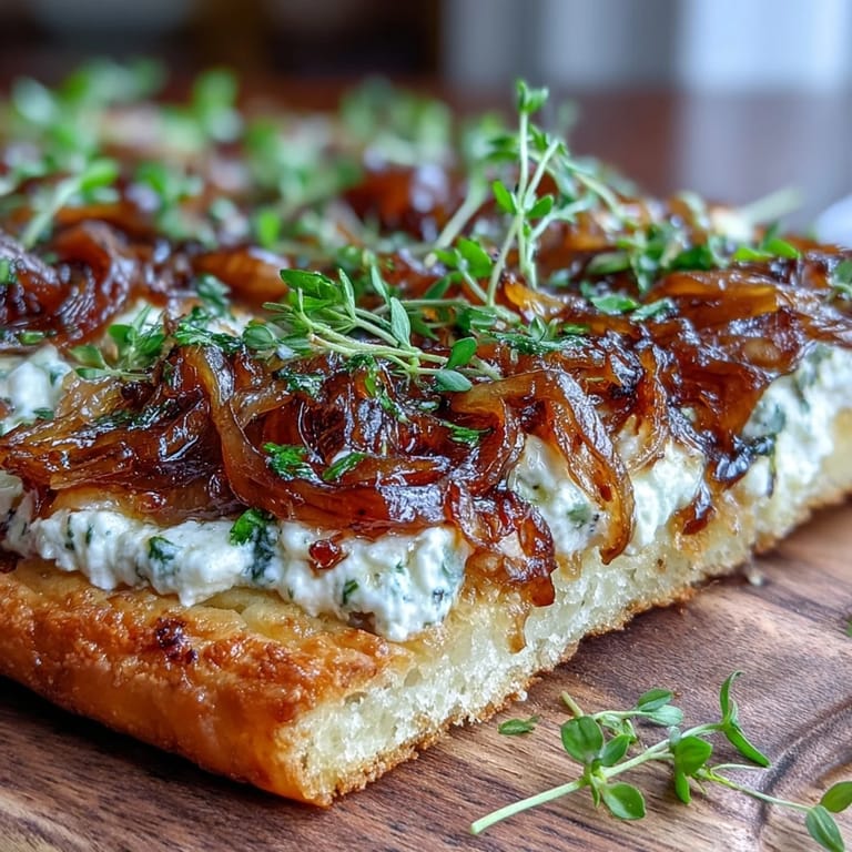 Close-up of Goat Cheese & Caramelized Onion Flatbread revealing creamy goat cheese spread and sweet, jammy onions on a crisp crust.