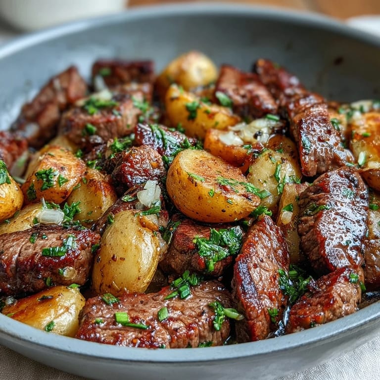 Garlic Butter Steak & Potato Skillet served sizzling in a cast-iron skillet, paired with warm dinner rolls for an easy weeknight meal.