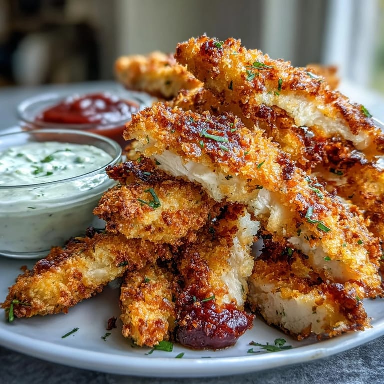 Tender strips of Crispy Baked Chicken Parmesan Fries resting on a wooden board, garnished with fresh parsley and ready to be dipped.