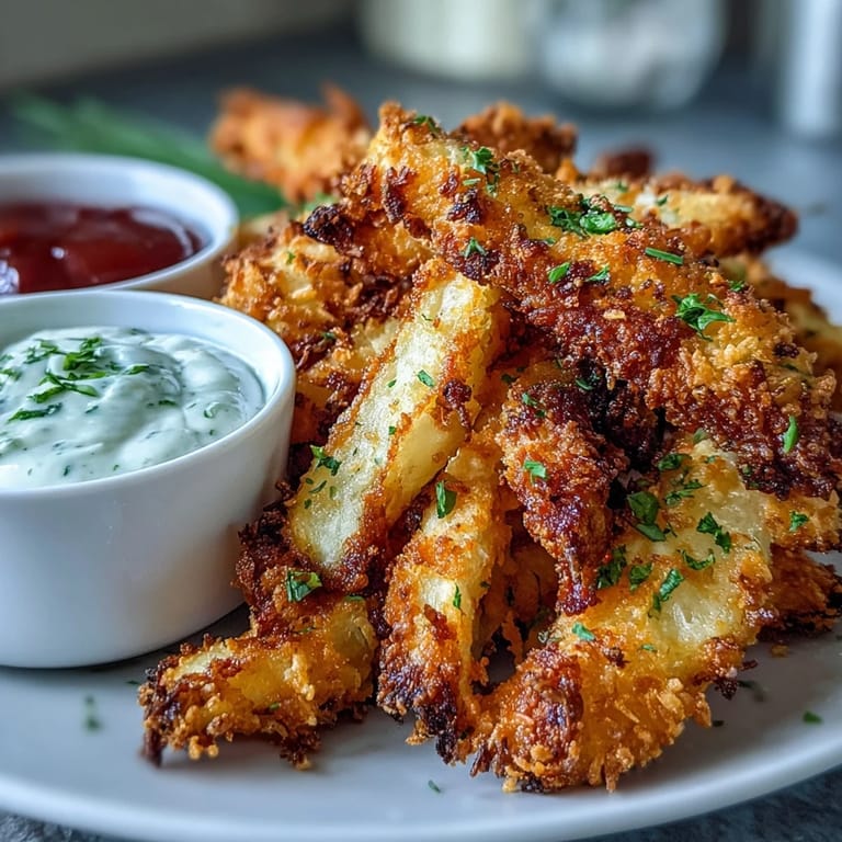 A close-up view of Crispy Baked Chicken Parmesan Fries showing the crunchy panko coating and melted Parmesan cheese topping.