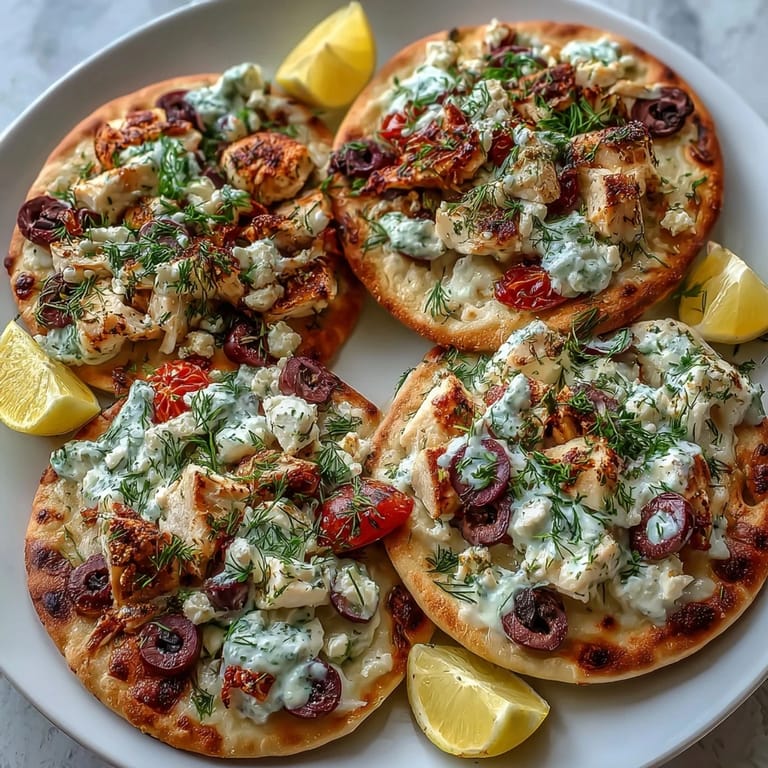 Freshly baked Lemon Feta Chicken Naan Pizza with creamy tzatziki drizzle and herbs on a rustic plate.