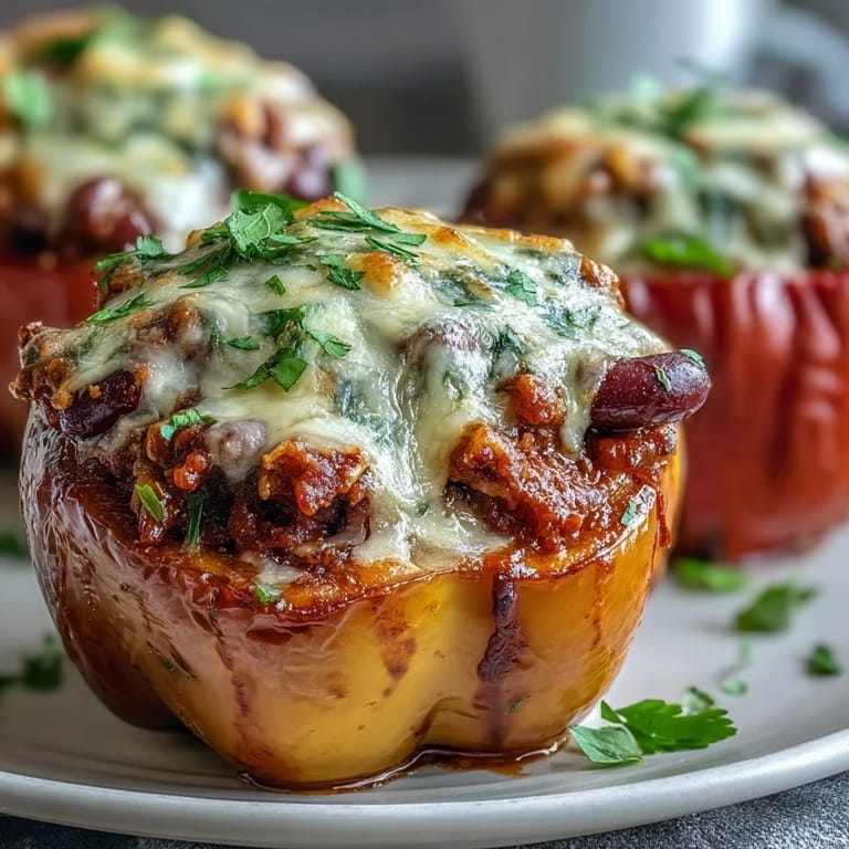 Roasted bell peppers filled with spicy chili mac and melty cheese topping.