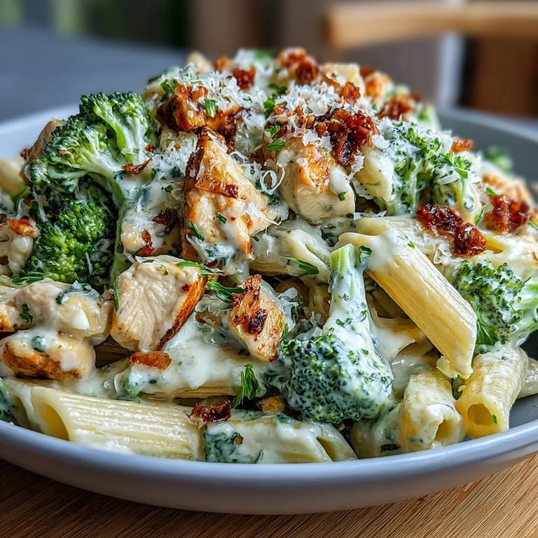 Steam rises from a skillet of Garlic Parmesan Broccoli & Chicken Pasta with a side salad, perfect for busy weeknights.