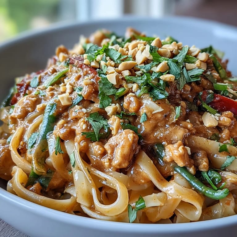 Creamy Thai-inspired peanut noodle bowls garnished with chopped peanuts, fresh cilantro, and lime wedges on a rustic table. 