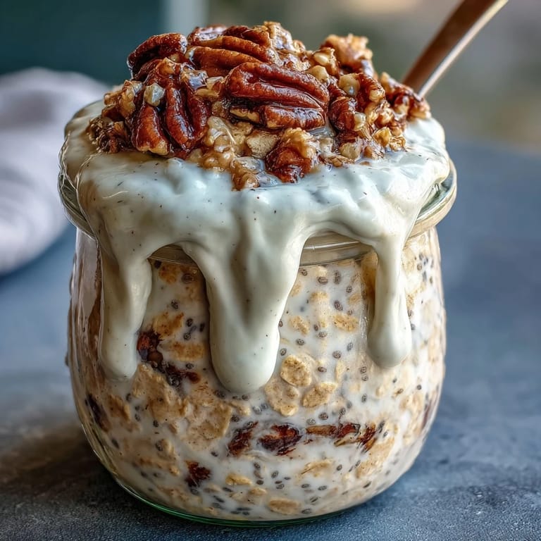 High-Protein Cinnamon Roll Overnight Oats in a bowl, swirled with cinnamon and topped with a luscious vanilla glaze.
