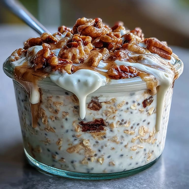 High-Protein Cinnamon Roll Overnight Oats in a bowl, swirled with cinnamon and topped with a luscious vanilla glaze.