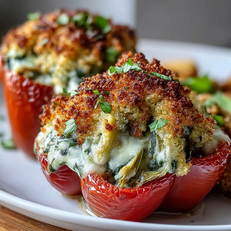 Wholesome bell peppers packed with a rich, dairy-free spinach and artichoke filling, topped with crunchy gluten-free breadcrumbs.  