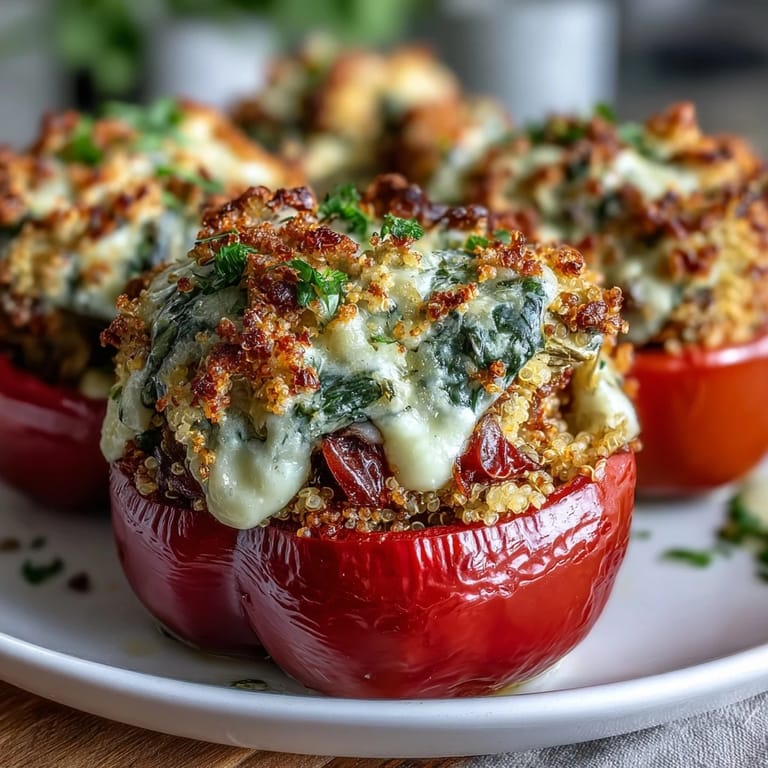 Hearty and colorful vegan peppers stuffed with a luscious cashew-based spinach and artichoke mixture, perfect for a satisfying main dish.