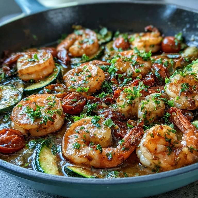 Succulent shrimp and tender zucchini roasted with cherry tomatoes in zesty lemon-butter sauce.  