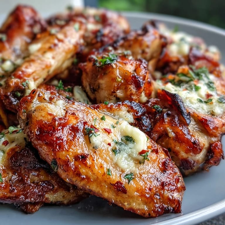 Baked chicken wings tossed in melted garlic Parmesan butter for a keto-friendly, savory appetizer.  