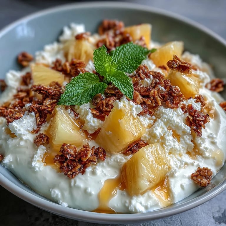 Fresh pineapple and cottage cheese combine with golden granola in this protein-packed breakfast bowl, perfect for busy mornings.
