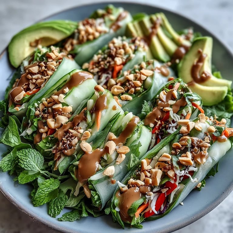 Colorful vegan spring roll salad featuring crunchy cabbage, cucumber, avocado, and zesty peanut dressing for a refreshing lunch.