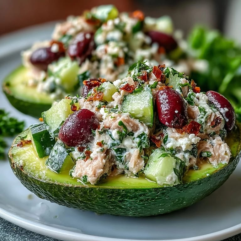 Creamy avocado halves filled with Mediterranean tuna salad, garnished with parsley and drizzled with olive oil.  