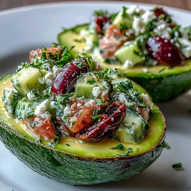 Vibrant and healthy Mediterranean tuna salad stuffed avocados, perfect for a light lunch or appetizer.