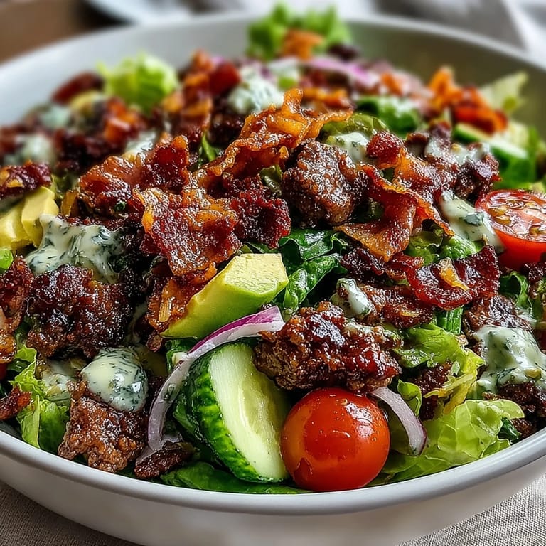 Bacon Cheeseburger Salad with Avocado and Pickles - A hearty keto salad loaded with crumbled bacon, seasoned ground beef, shredded cheese, and fresh veggies, all drizzled with creamy burger sauce.