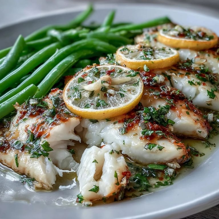 Tender tilapia fillets and green beans baked in lemon-garlic marinade, wrapped in foil for a healthy, low-calorie dinner.