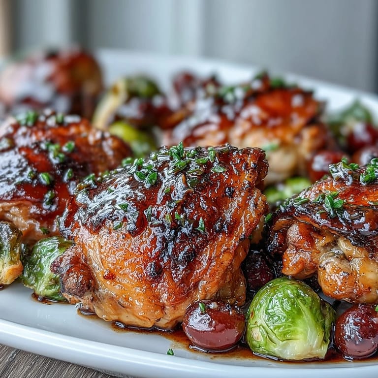 Juicy balsamic-glazed chicken thighs nestled among caramelized Brussels sprouts and roasted red grapes on a sheet pan.  