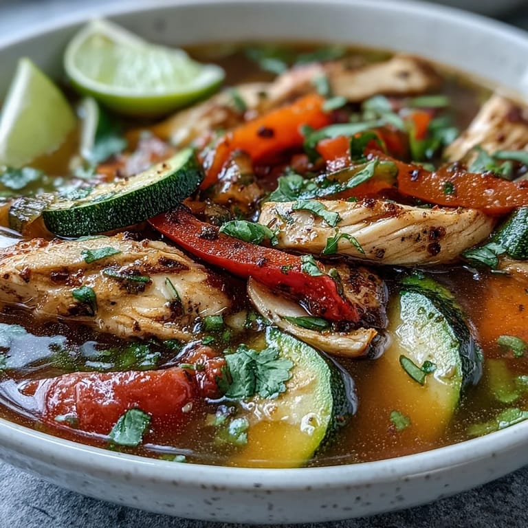 Healthy chicken fajita soup packed with zucchini, peppers, and spices, served hot and ready for a light meal.