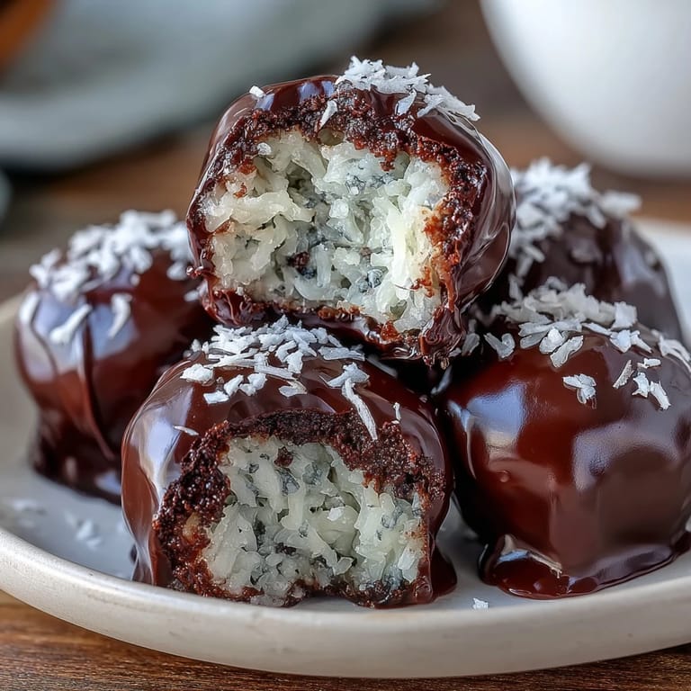 Easy no-bake chocolate coconut treats with a chewy coconut center, naturally sweetened, and coated in smooth dark chocolate.