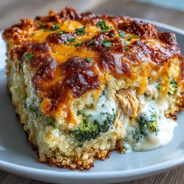 Wholesome Broccoli Quinoa Casserole packed with fluffy quinoa, steamed broccoli, and savory shredded chicken.