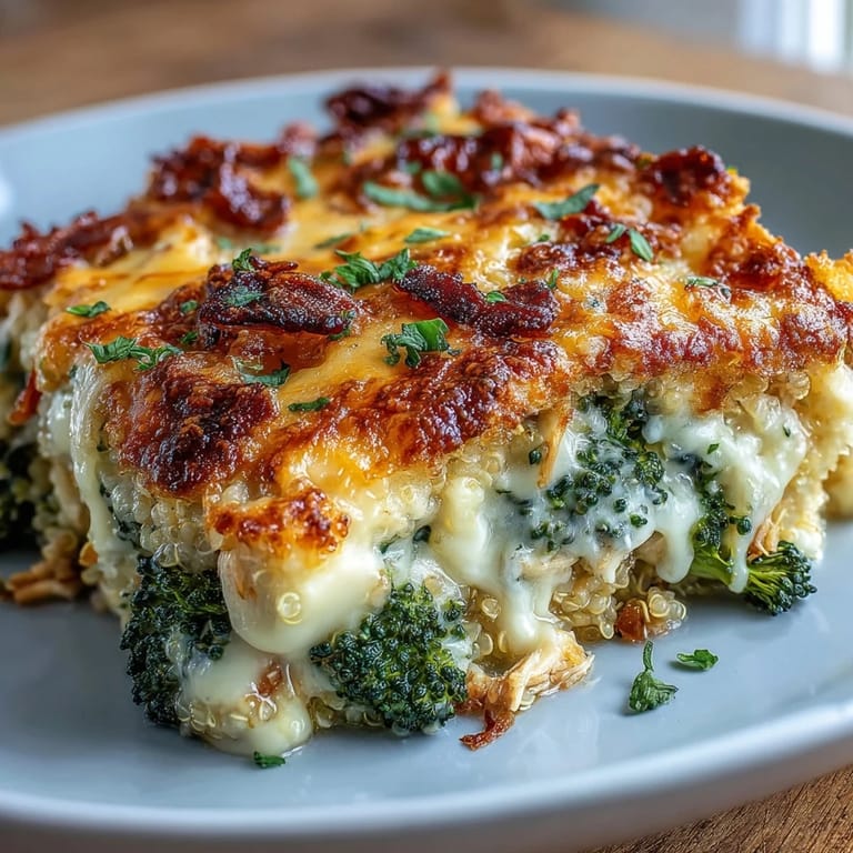 Golden-baked Broccoli Quinoa Casserole featuring layers of cheese, hearty quinoa, and tender chicken for a comforting meal.