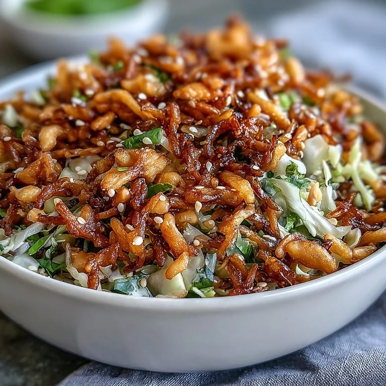A close-up of crispy rice salad with peanut sesame dressing, showcasing crunchy textures from snap peas, carrots, and toasted sesame seeds over a bed of colorful fresh vegetables.