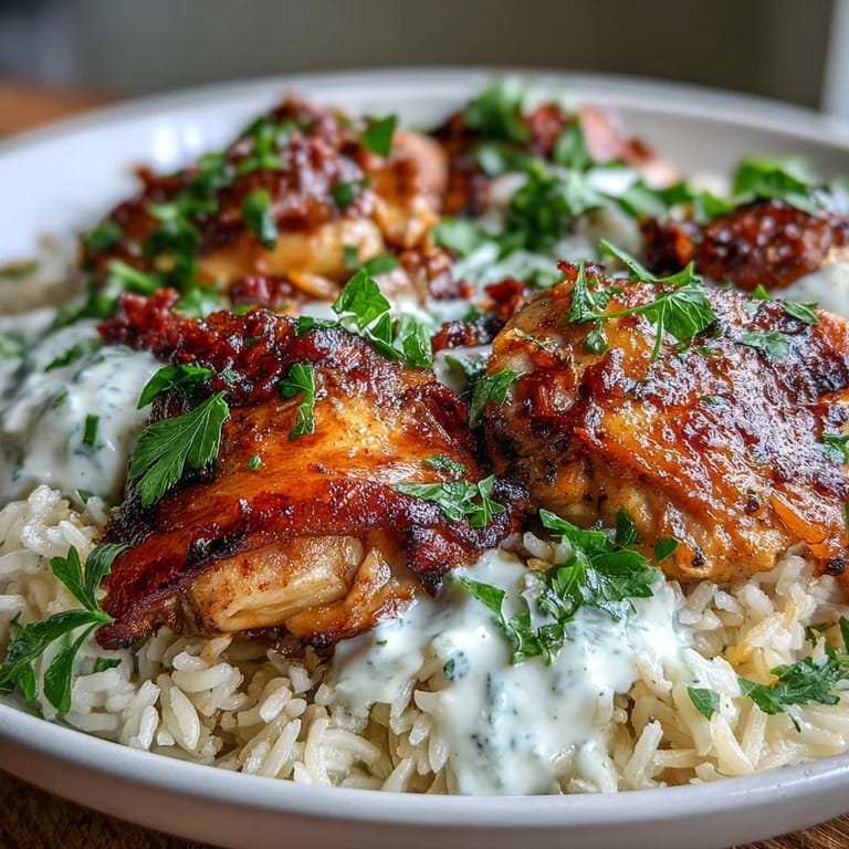 Aromatic Middle Eastern One Pot Shawarma Chicken and Rice, featuring tender chicken thighs and basmati rice simmered in a blend of fragrant spices.  