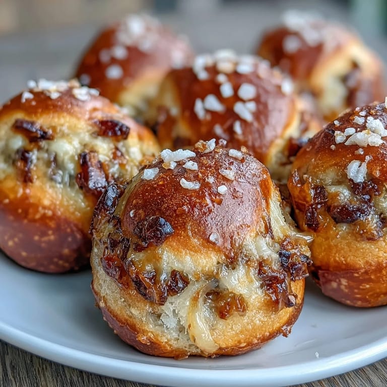 Warm, savory sourdough pretzel bites bursting with caramelized onion flavor, brushed with egg wash and sprinkled with sea salt for a crunchy finish.