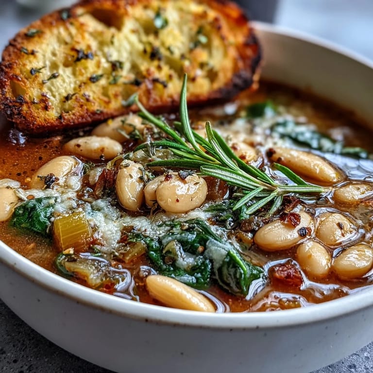 Hearty Tuscan white bean soup with vibrant greens and savory broth, accompanied by warm, garlicky toasted bread slices.