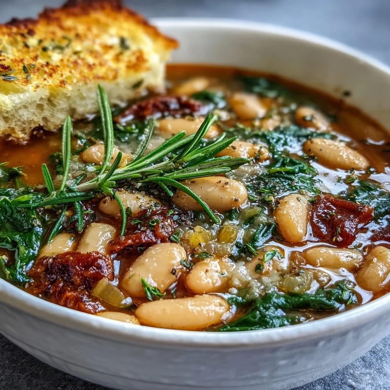 Creamy cannellini beans and aromatic herbs blend in this rustic Tuscan soup, paired with crisp, buttery garlic bread for dipping.