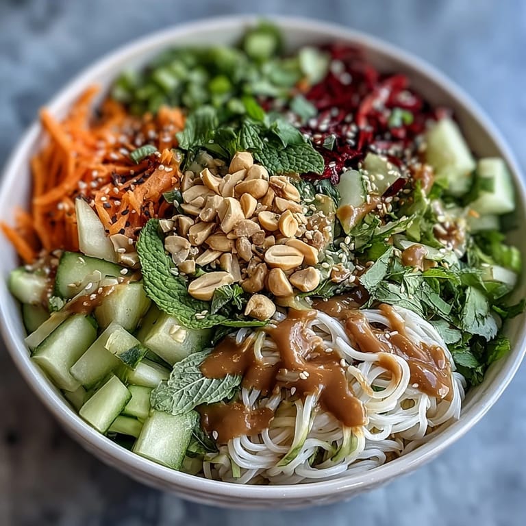 Asian Spring Roll Bowl with Peanut Sauce: vibrant vegan bowl layered with julienned carrots, cucumber, red cabbage, tofu, and rich peanut sauce.