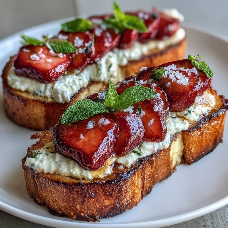 Golden toasted sourdough layered with whipped ricotta, fresh strawberry slices, and mint, finished with honey and flaky salt.