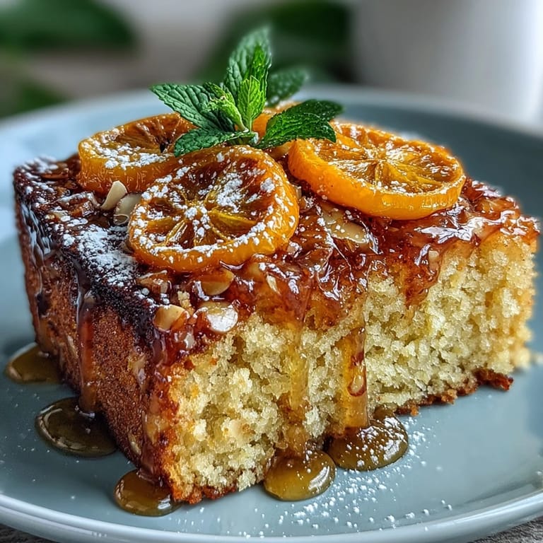 Moist, fragrant orange almond cake with vibrant citrus topping and a hint of vanilla, ideal for special occasions.  