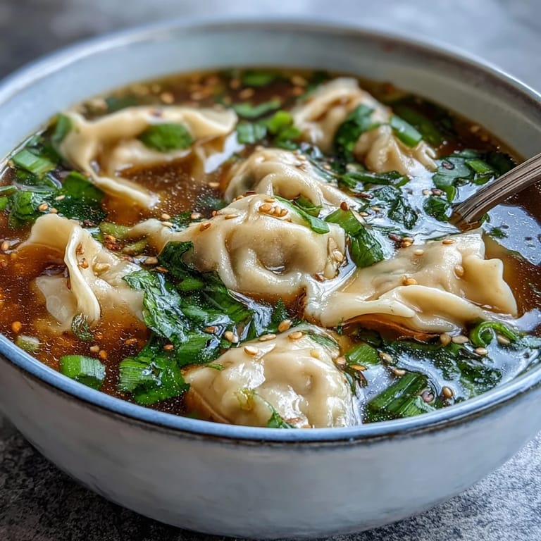 Fragrant dumpling soup featuring juicy chicken dumplings, rich chicken broth, and vibrant scallion topping for ultimate comfort.  