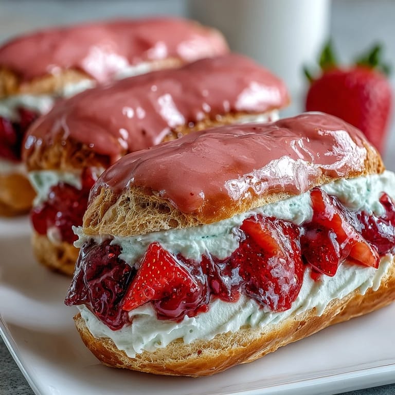 Light and airy éclairs bursting with luscious strawberry mascarpone cream, finished with a vibrant pink strawberry glaze for a festive Valentine's treat.