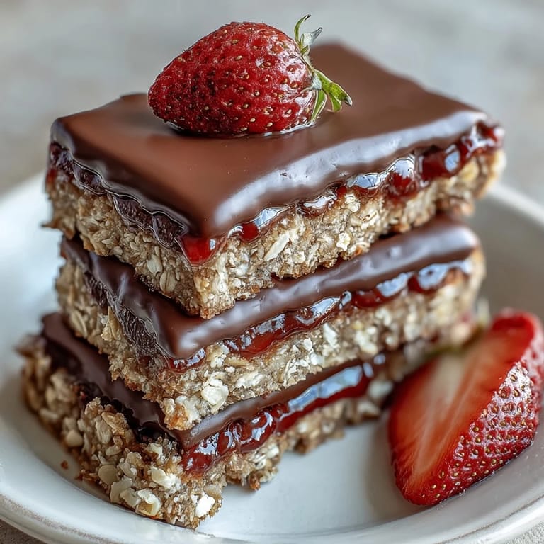 Homemade strawberry jam and oat bars dipped in smooth chocolate, combining fruity freshness with satisfying chewiness for a crowd-pleasing treat.