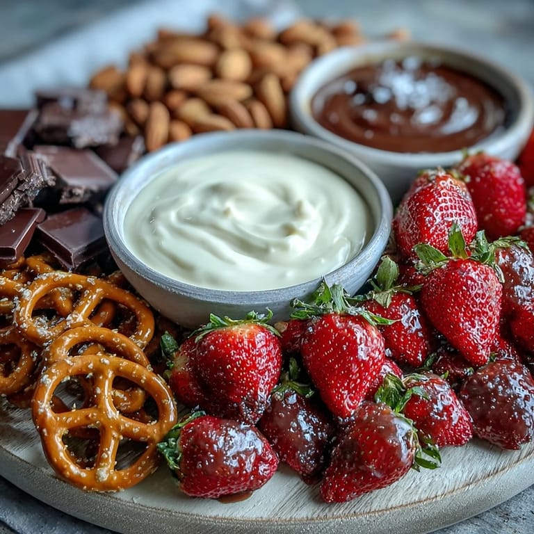 Festive strawberry snack board with creamy yogurt dip, crunchy pretzels, and fresh fruit for a delightful Galentines treat.