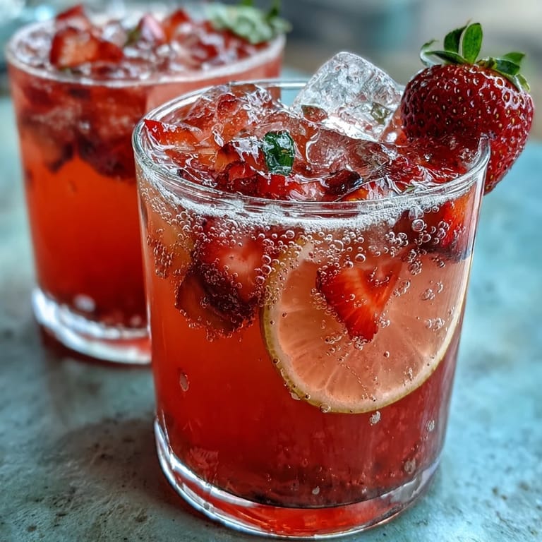 Bright, bubbly strawberry lemonade mocktail with fresh strawberries and sparkling water, perfect for summer parties and non-alcoholic celebrations.