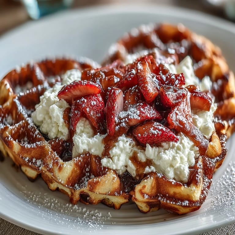 Golden waffles with a light, airy texture served alongside sweet strawberries and a smooth, tangy cottage cheese whip topping.