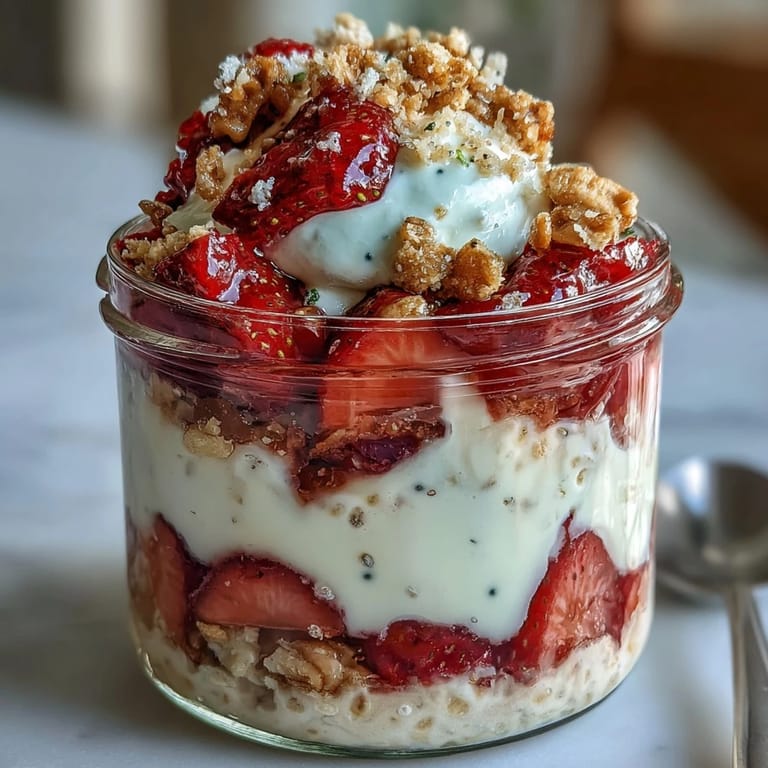 Layers of vanilla-infused oats and fresh strawberries create a strawberry shortcake-inspired overnight oats dish—perfect for busy mornings.