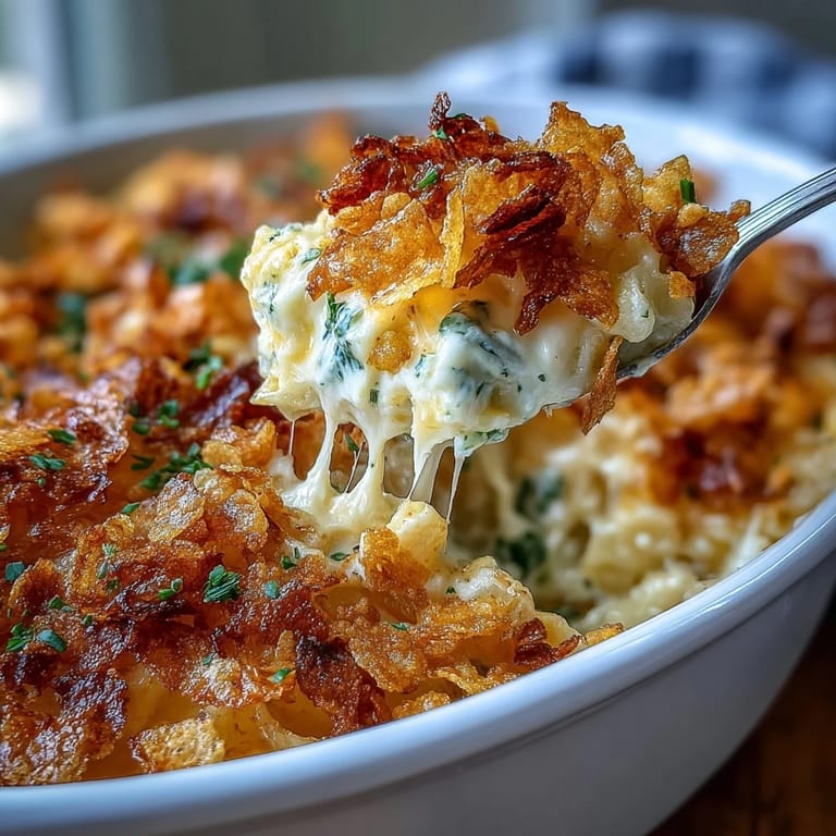 Spicy jalapeño cheddar funeral potatoes in a baking dish, creamy hash browns topped with crunchy buttered cornflakes, ideal comfort food.