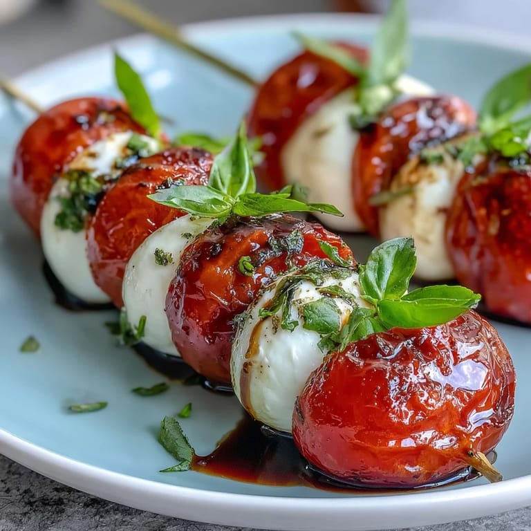 Picnic Caprese Skewers with Balsamic Drizzle: Vibrant appetizer skewers featuring ripe tomatoes, soft mozzarella, and aromatic basil, drizzled with sweet balsamic reduction.