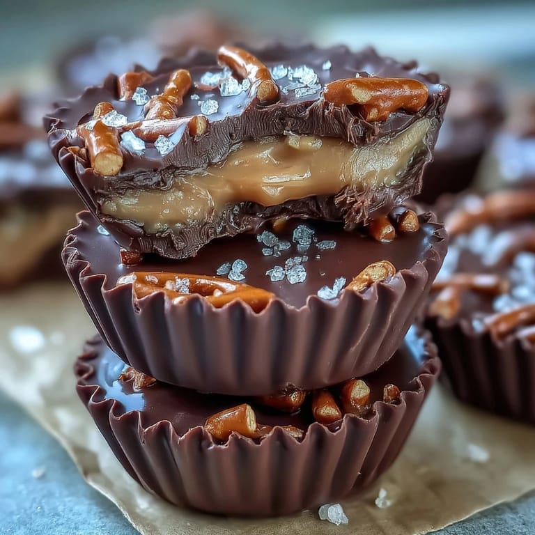 Sweet and salty peanut butter cups with crunchy pretzels, perfect for dessert lovers.