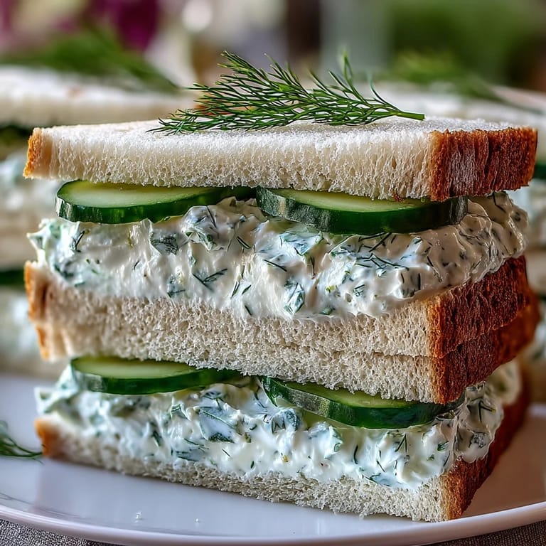 Close-up of Benedictine tea sandwiches showcasing the smooth spread and fresh cucumber garnish, ideal for Kentucky Derby celebrations.