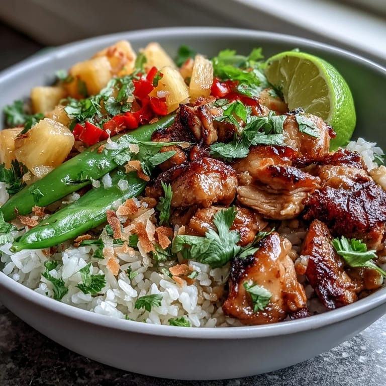 Tropical coconut rice bowls topped with juicy pineapple, sautéed vegetables, and marinated chicken.  
