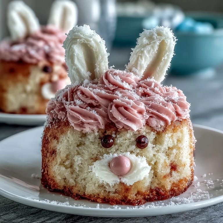 Cute vanilla mini bunny cakes with fluffy buttercream frosting, perfect for an Easter dessert table centerpiece.  