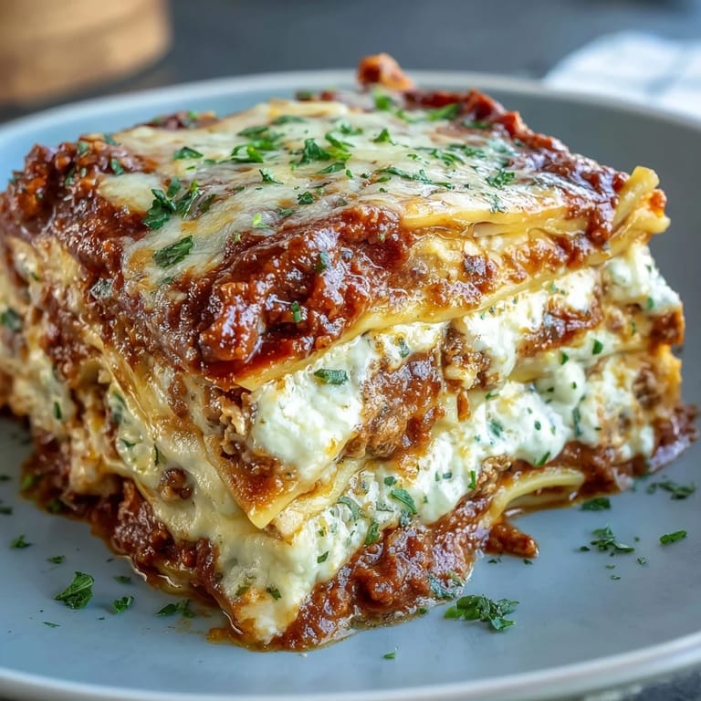 Classic Italian-American lasagna showcasing hearty beef and sausage ragù nestled between tender pasta sheets.
