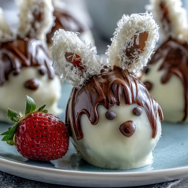 Cute bunny-shaped strawberries dipped in white chocolate and decorated with marshmallow ears, candy eyes, and pink noses.